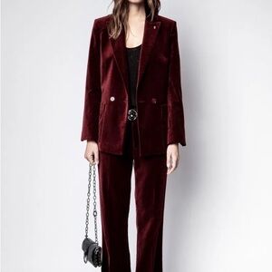 Zadig & Voltaire Velvet Blazer red burgundy with skull pin